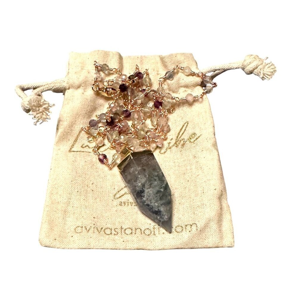 Handmade Crystal Point Pendant Necklace With Multicolor Beaded Chain & Gold - Picture 5 of 10